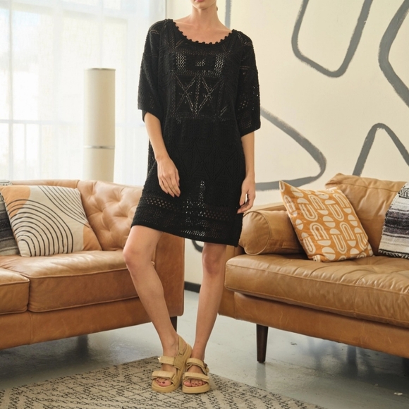 #586 🛑48 S,M,L Black Pointelle Summer Sweater Cover-Up Dress - Picture 1 of 4